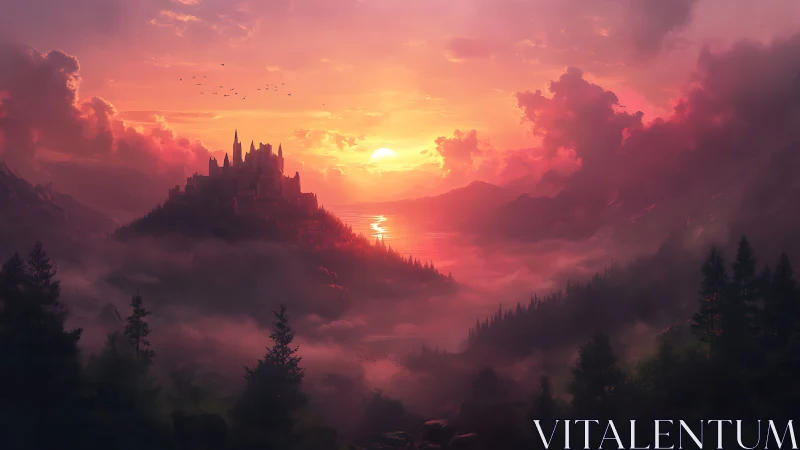 Sunset castle above misty valley and glowing quiet lake.