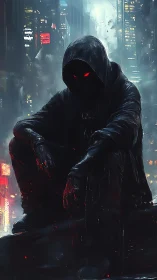 Hooded urban sentinel with red emissive eyes in rainy neon city