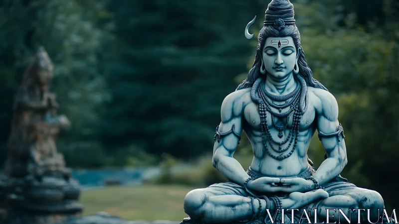 Polychromatic Shiva sculpture in meditative symmetry outdoors.