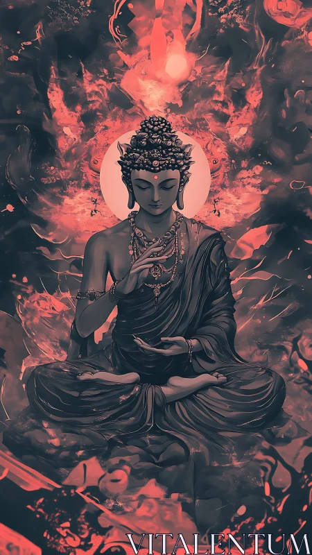 Serene meditative Buddha with fiery halo and flowing robes.