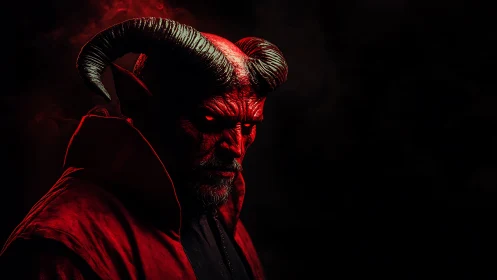 Horned red demon overlord glares through deep shadow