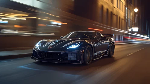 Aerodynamic black supercar slicing through nocturnal city streets.