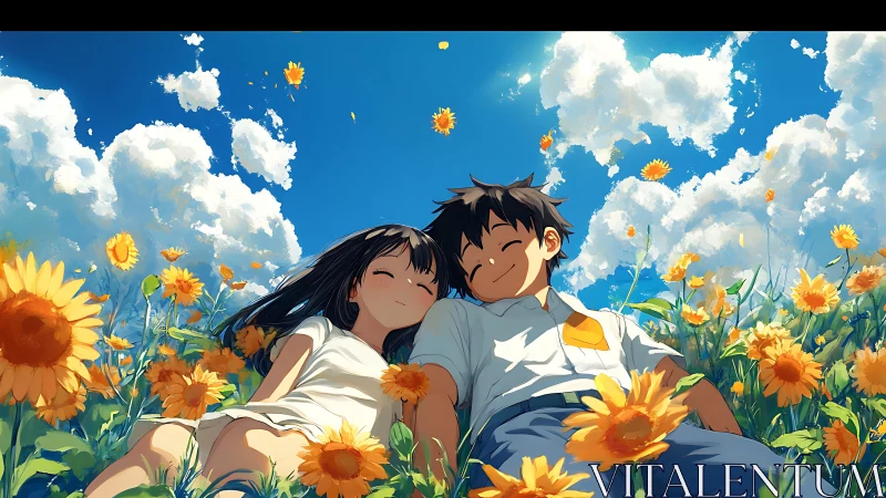 Smiling boy and girl resting in bright sunflower field.