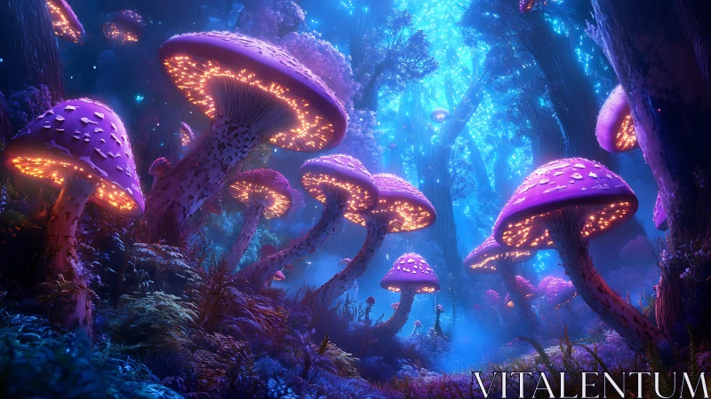 Bioluminescent mushroom forest glows in neon twilight.