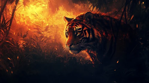 Warm jungle glow embracing a quietly watchful tiger.