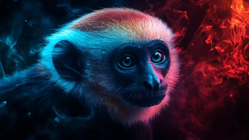 Neon-lit monkey portrait contrasts cyan glow with red flames