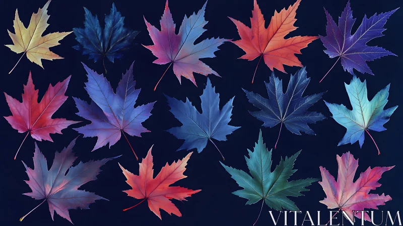 Colorful maple leaves dancing gently across deep night blue.