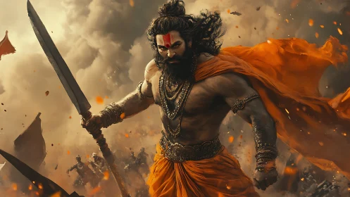 Storm-lit warrior strides through embers with molten resolve