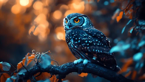 Spotted owl perched on branch in vibrant autumn forest scene.