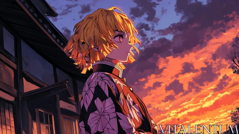 Anime figure in patterned robe before vivid evening sky.