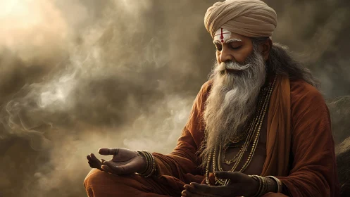 Elderly sage in meditative posture rendered photorealistically