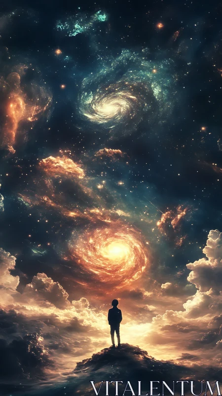 Stargazer adrift beneath swirling celestial storm galaxies.