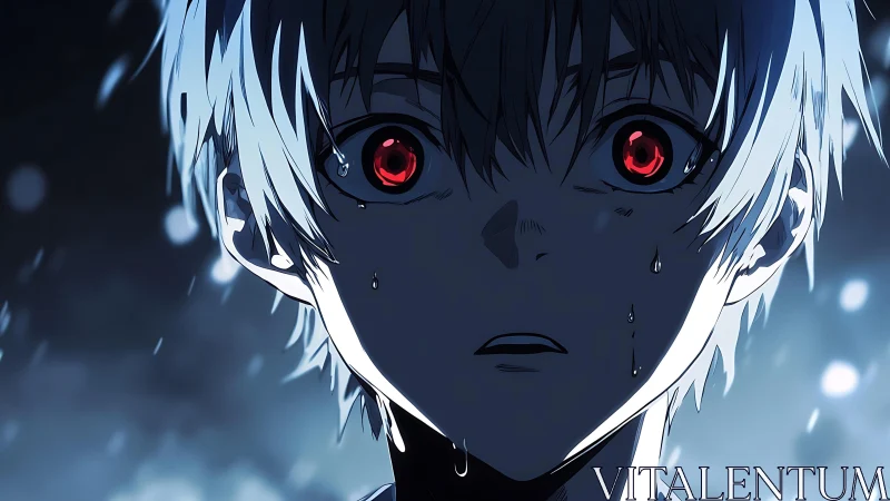 White-haired figure with glowing red eyes in icy rainfall.