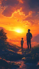 Silhouetted figures on hillside path at vivid orange sunset.