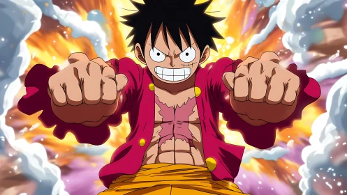 Energetic anime fighter punches forward in fiery action