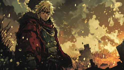 Warrior in tattered red cloak before burning fortress ruins.