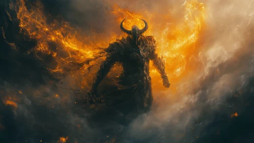 Horned inferno warlord strides from storm-torn embers.