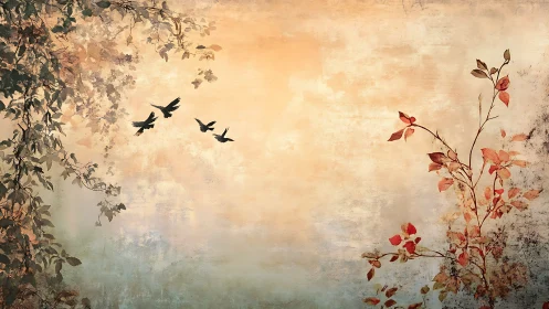 Autumn birds in flight over textured pastel sky with foliage