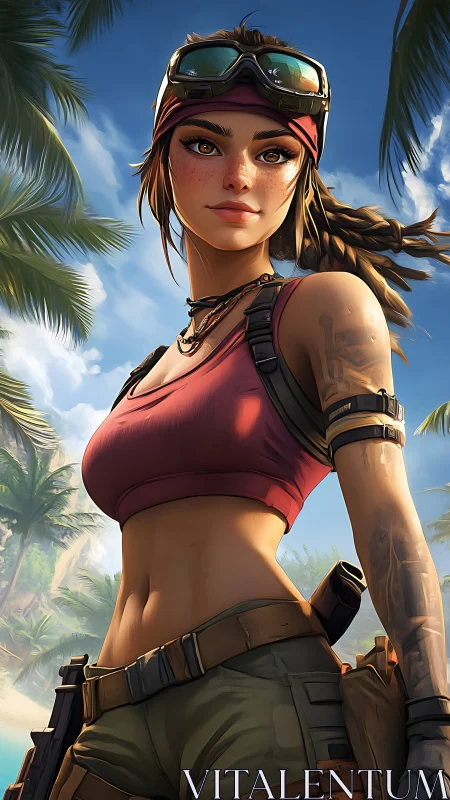 Sunlit island raider with sand-scarred confidence stance.