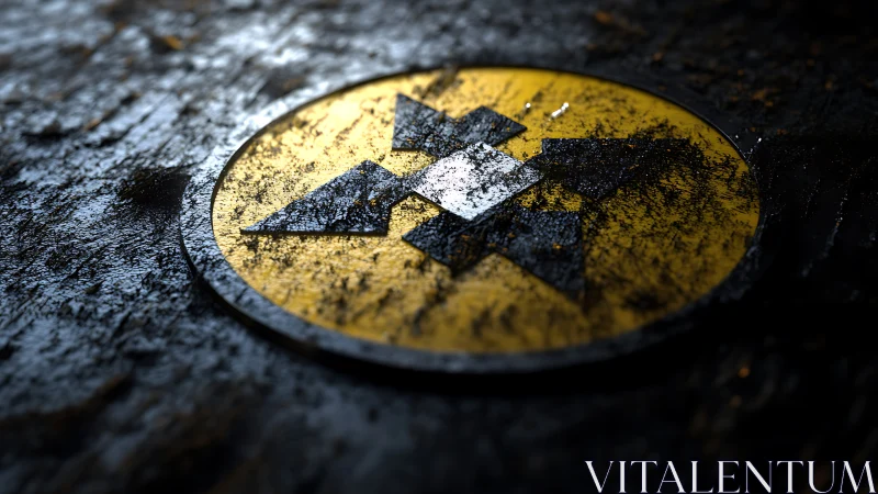 Weathered radioactive hazard emblem on wet metal surface.