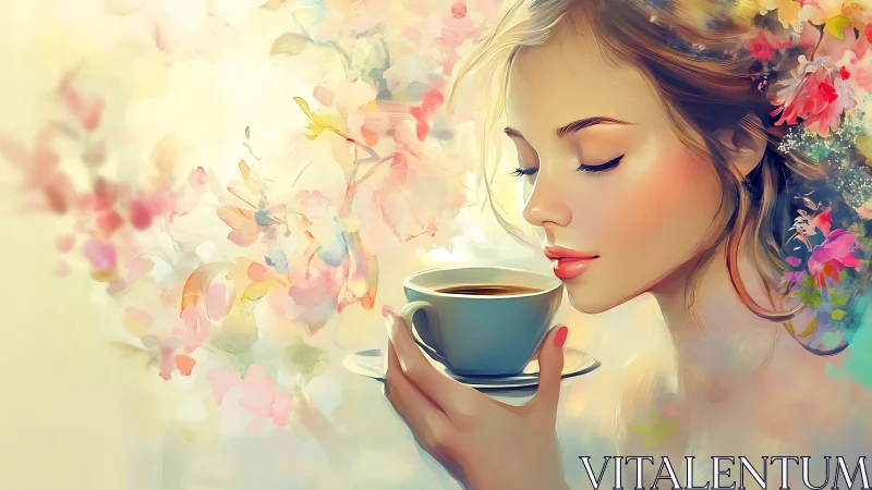 Soft-focus digital portrait unites feminine profile and floral steam