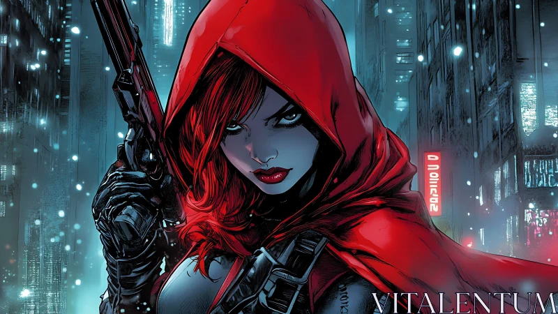Red-hooded vigilante aims pistol in neon-lit urban snowfall