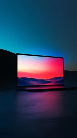 Ultrawide laptop display with neon sunset gradient lighting