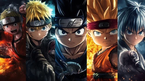 Intense anime warriors lined up in five fiery portraits.