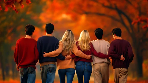 Friends walking together through colorful autumn park.