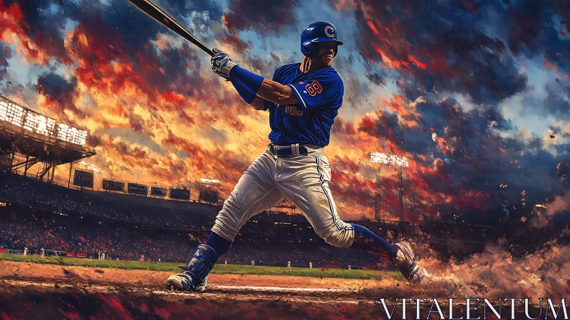 Dynamic baseball batter swings under dramatic stadium sky