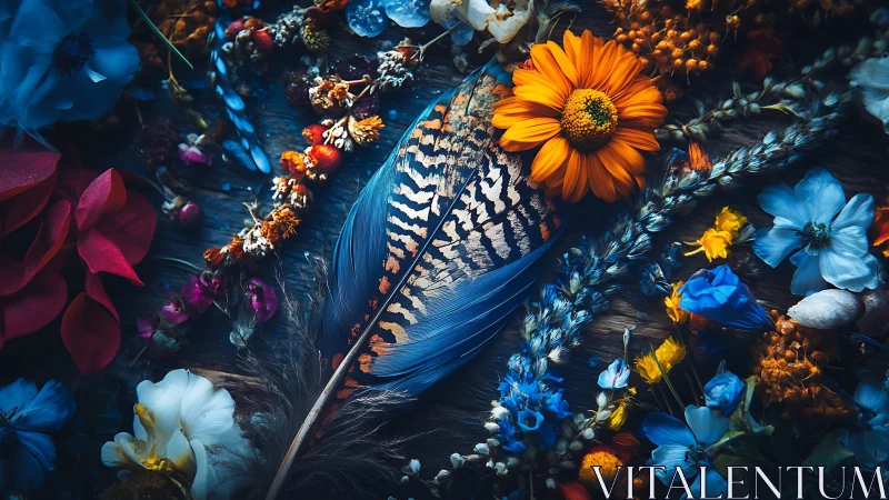 Feather Surrounded by Colorful Flowers Against Dark Background