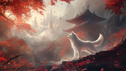Mystic white fox stands guard in a crimson autumn temple realm