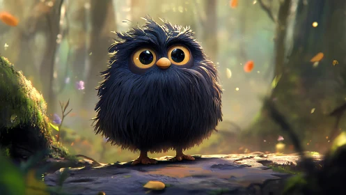 Fluffy Cartoon Owl with Big Eyes in Enchanted Forest Setting.