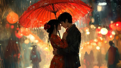 Intimate couple under red umbrella in neon-lit rainfall