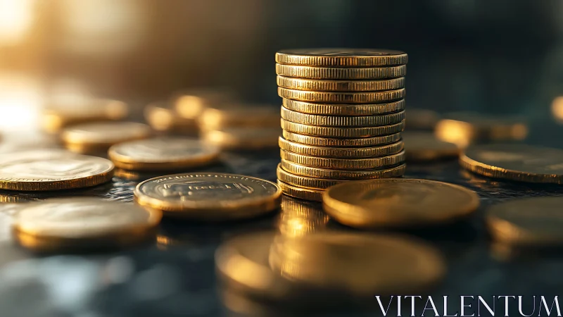 Stacked gold coins under directional warm lighting on glossy surface