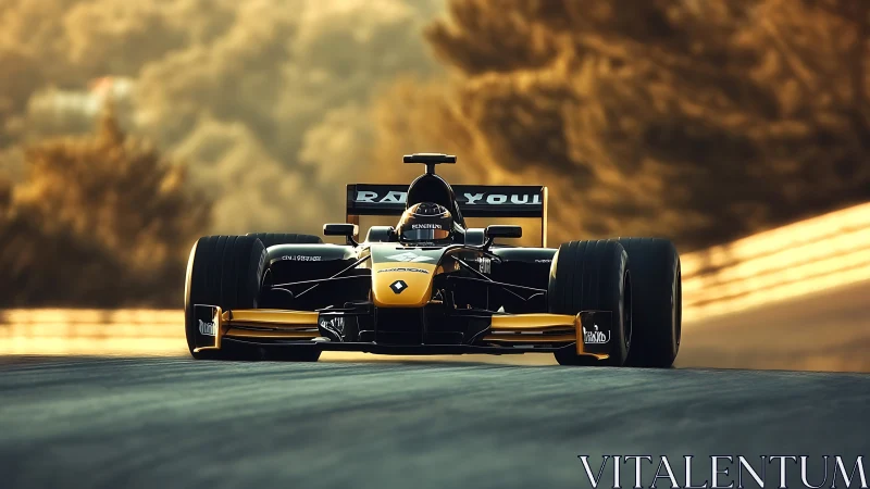 Low-angle view of yellow-black formula race car on sunset track