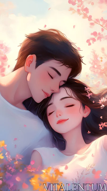 Two figures embrace among falling cherry blossoms in dreamy light