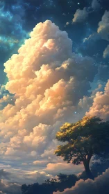 Towering sunset clouds above luminous dreamlike tree.