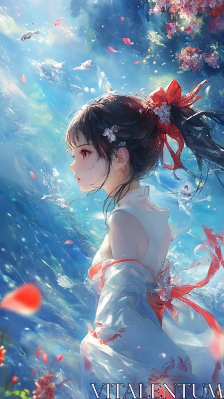 Spring maiden drifts through luminous koi blossom waters.