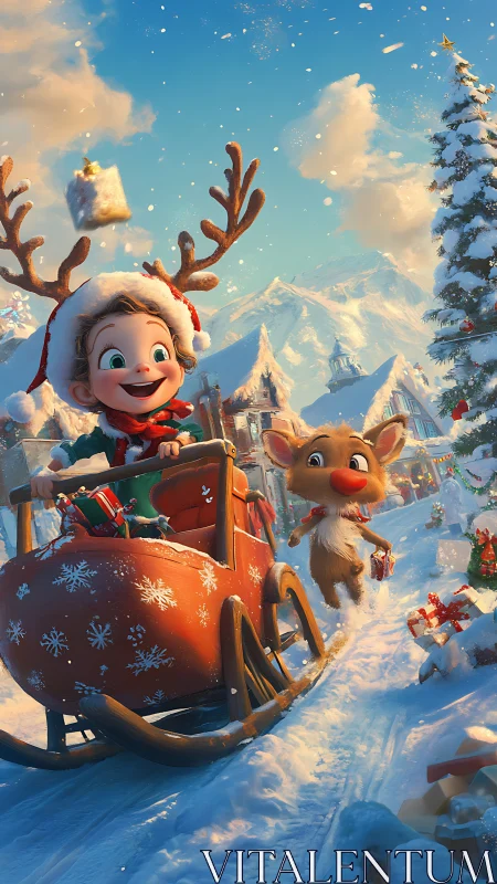 Joyful child and reindeer racing through a snowy village.