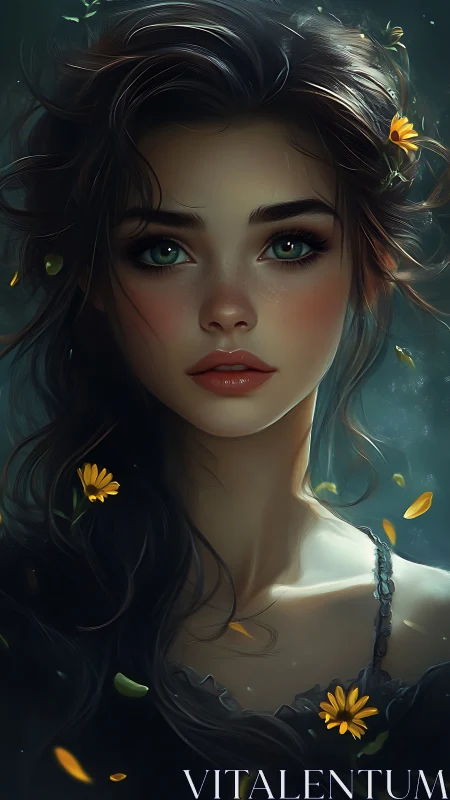 Digital portrait of young woman with flowers in hair.