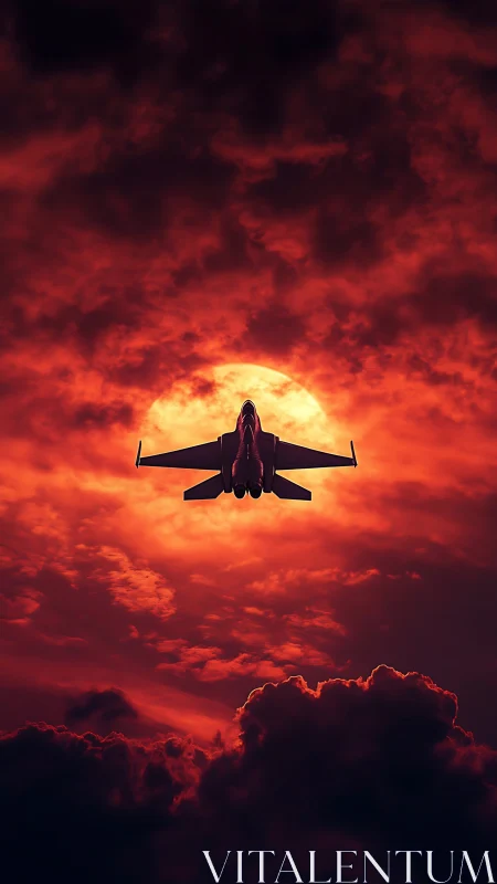 Jet fighter silhouette ascending against molten sunset sky.