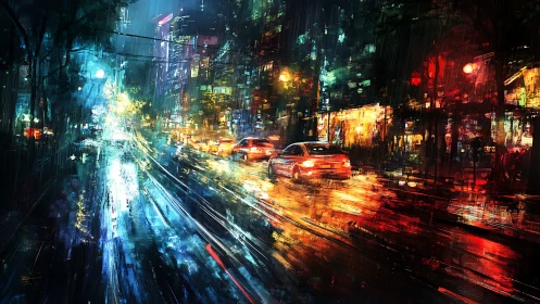 Chromatic vector velocities on rain-laminated urban avenue.