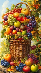 Tall wicker basket holds abundant colorful autumn fruit