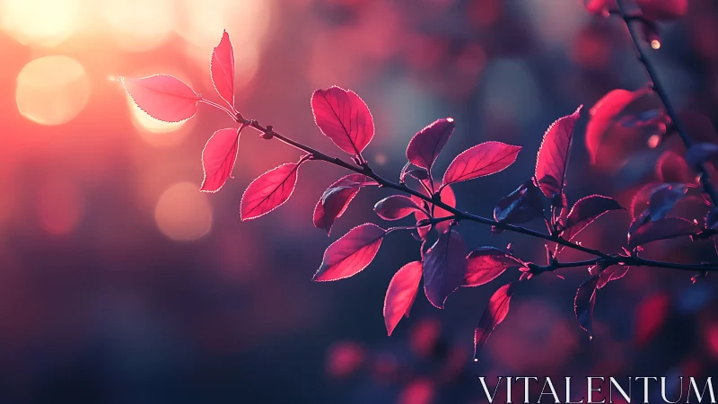 Sunlit crimson leaves glow gently against a dreamy dusk bokeh