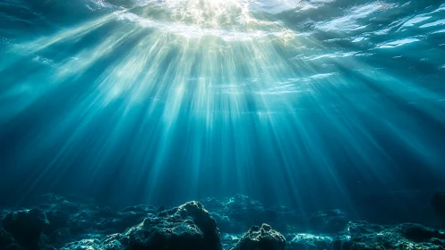 Sunlight rays penetrating clear blue underwater seascape.