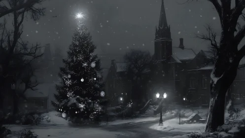 Snow-laden town square with illuminated Christmas tree at night