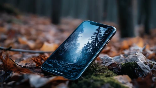 Cool smartphone rests in autumn leaves, reflecting quiet forest