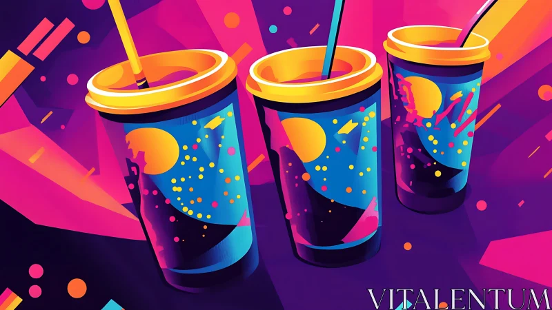 Neon soda trio splashes through a retro cosmic nightscape.