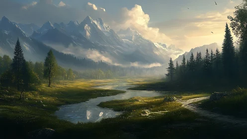 Mountain valley river with conifer forest under soft daylight.